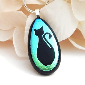 Pendentif en verre fusionné dichroïque doré et noir, pendentif chat en verre dichroïque, bijoux en verre fusionné