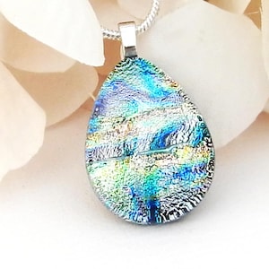 Gold Turquoise and Silver Dichroic Glass Necklace, Fused Glass Jewellery, Blue Art Glass Pendant, Best Friend Gift