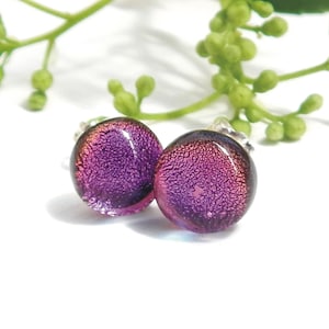 Stunning Purple Dichroic Glass Stud Earrings on 925 Sterling Silver, Violet Sparkle Mini Post Earrings