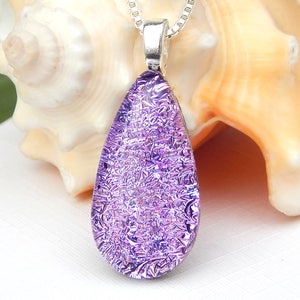 Soft Mauve Dichroic Glass Tear Drop Pendant, Fused Glass Jewelry, Small Droplet Necklace, Violet Art Glass, Purple Glass Pendant