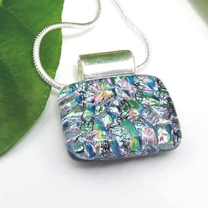 Mixed Blue Green Pink and Gold Dichroic Glass Pendant, Fused Glass Jewellery, Springtime Mottled Rainbow Art Glass Necklace