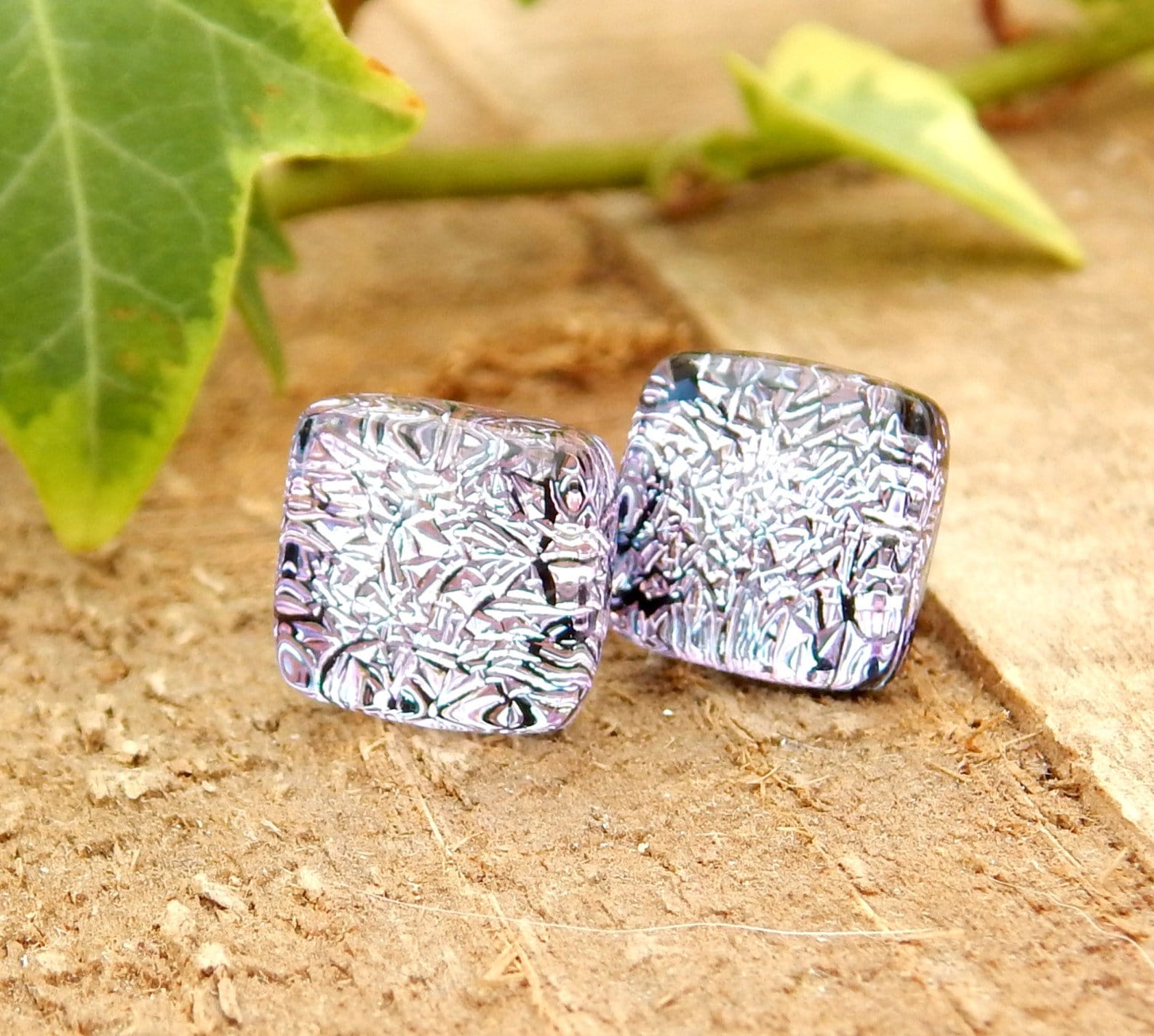 Mauve Dichroic Glass Stud Earrings on 925 Sterling Silver Posts, Fused Glass Jewellery