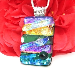 Chunky Multicolour Dichroic Glass Necklace - Fused Glass Pendant - Mixed Art Glass Jewellery, Summer Jewellery
