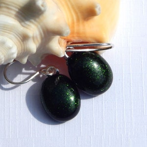 Dark Green Fused Glass Drop Earrings - Fused Glass Jewelry - Sparkly Bottle Green Earrings on 925 Sterling Silver Earwires MADE TO ORDER