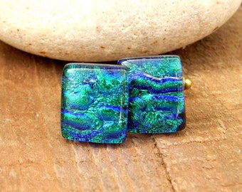 Dichroic Glass Cufflinks: Green & Blue Fused Glass, Antiqued Brass