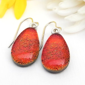 Russet Art Glass Drop Earrings, Copper Dichroic Glass Dangle Earrings on 925 Sterling Silver Earwires, Fused Glass Jewellery