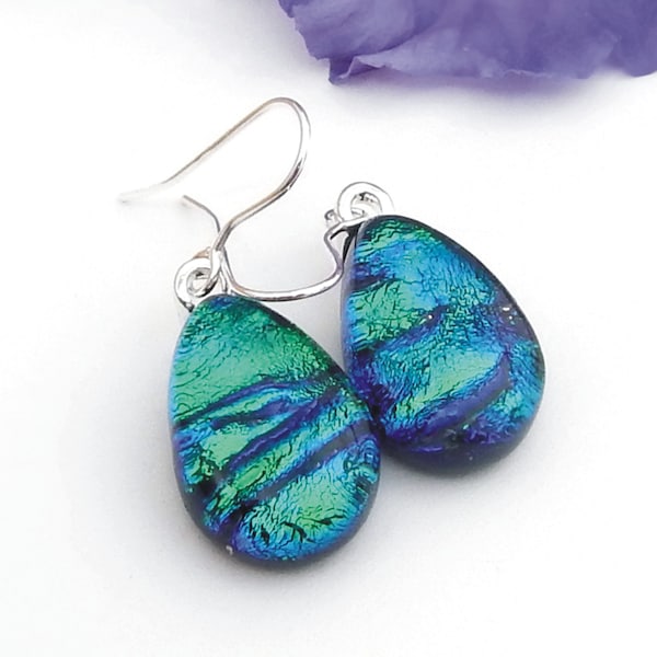 Emerald Green Drop Earrings, Fused Glass Jewellery, Vivid Green and Blue Dichroic Glass Dangle Earrings on 925 Sterling Silver Earwires