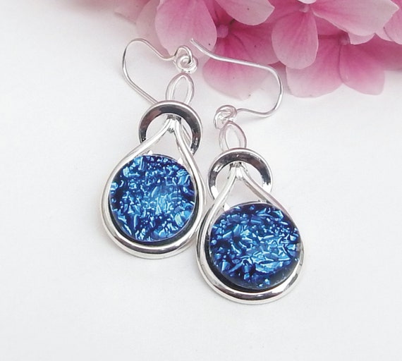 Cobalt Blue Fused Glass Earrings: Sterling Silver Knot Dangle Earrings