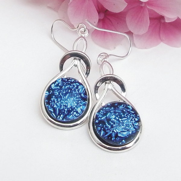 Cobalt Blue Fused Glass Knot Design Drop Earrings, Blue Art Glass Dangle Earrings on 925 Sterling Silver Earwires