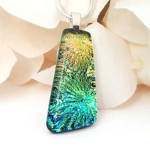 Green and Gold Dichroic Glass Pendant, Fused Glass Jewellery, Art Glass Necklace
