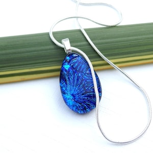 Blue Glass Pendant, Fused Glass Jewellery, Petite Cobalt Blue Dichroic Glass Teardrop Necklace, Girlfriend Gift, Birthday Gift