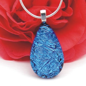 Teardrop Dichroic Glass Pendant: True Blue Fused Art Glass Necklace
