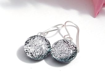 Silver Dichroic Glass Drop Earrings, Fused Glass Jewellery, Metalic Silver Dangle Earrings, Round Art Glass Earrings