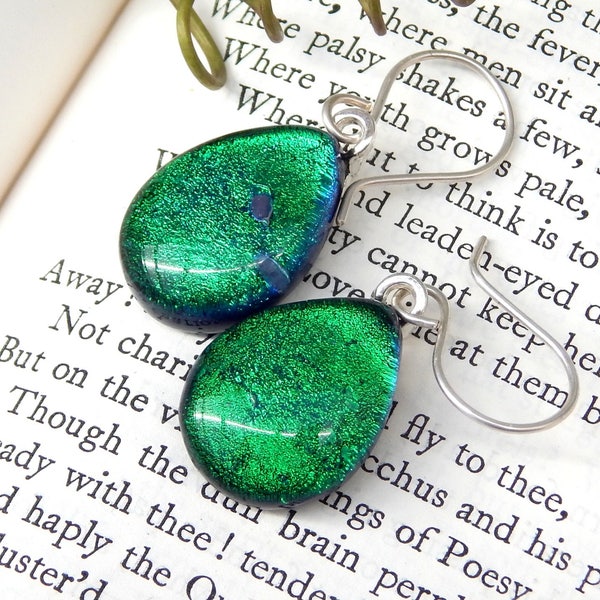 Teal Green Dichroic Glass Dangle Earrings, Fused Glass Jewellery, Vibrant Green Art Glass Drop Earrings on 925 Sterling Silver