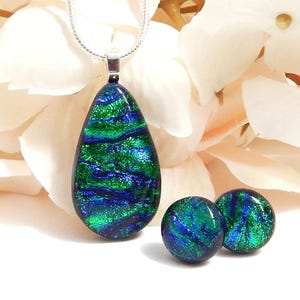 Emerald Green and Cobalt Blue Dichroic Glass Pendant and Earring Set, Fused Glass Jewellery, Art Glass Necklace and Stud Earring Set