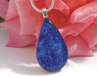 Blue Glass Pendant, Fused Glass Jewellery,  Cobalt Blue Dichroic Glass Teardrop Necklace, Girlfriend Gift, Birthday Gift