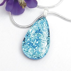 Silver Blue Dichroic Glass Droplet Pendant: Fused Art Glass Necklace
