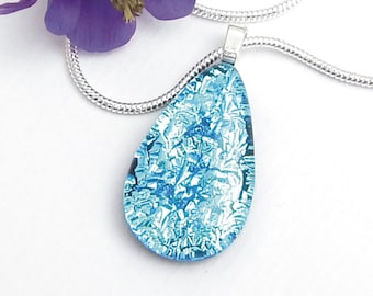 Silver Blue Dichroic Glass Droplet Pendant: Fused Art Glass Necklace