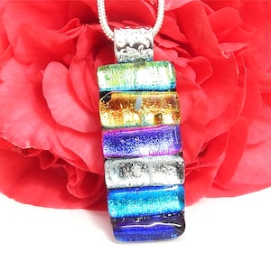 Collier en verre dichroïque multicolore - Pendentif en verre fusionné - Bijoux en verre d&#39;art mixte
