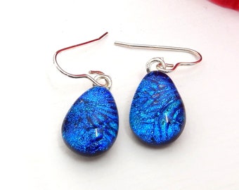 Dichroic Glass Drop Earrings, Fused Glass Jewellery, Cobalt Blue Dichroic Glass Dangle Earrings on 925 Sterling Silver Earwires