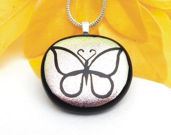 ON SALE - Dichroic Jewellery - Fused Glass Pendant - Baby Pink Glass Butterfly Necklace