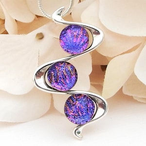 Dichroic Glass Pendant: Pink Purple Starburst, Silver Plated Necklace