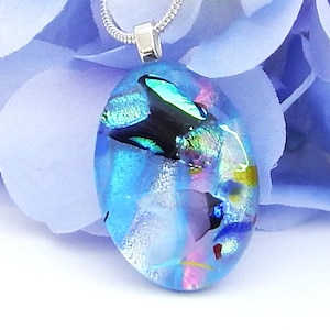 Blue Dichroic Glass Pendant, Periwinkle Blue Fused Glass Necklace, Vibrant Multicolour Art Glass Pendant