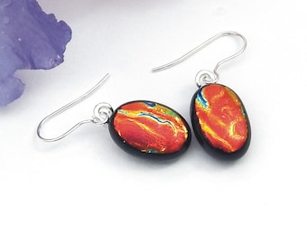 Dichroic Glass Drop Earrings: Russet Rainbow Fused Jewelry, Sterling Silver