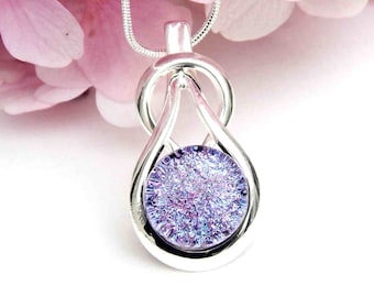 Mauve Dichroic Glass Pendant: Silver Knot Jewellery