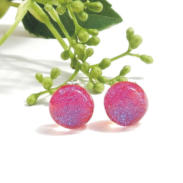 Stunning Pink and Mauve Dichroic Glass Stud Earrings on 925 Sterling Silver, Violet Sparkle Red Mini Post Earrings