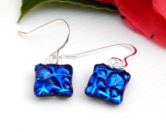 Textured Dichroic Glass Drop Earrings - Fused Glass Jewelry - Rich Blue Art Glass Dangle Earrings - 925 Sterling Silver Earwires