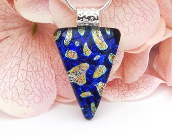 Colgante de vidrio dicroico: collar de vidrio artístico azul cobalto y dorado