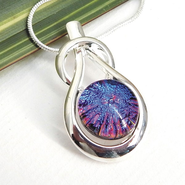 Pink Purple Dichroic Pendant - Fused Glass Jewelry - Vibrant Magenta Art Glass Knot Pendant