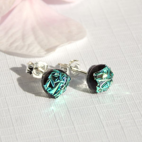 Tiny Glass Stud Earrings - Emerald Green Dichroic Glass Post Earrings on 925 Sterling Silver Posts - Fused Glass Jewelry
