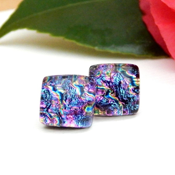 Multicolour Dichroic Glass Stud Earrings on 925 Sterling Silver Posts, Fused Glass Jewellery