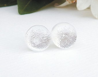 Winter White Dichroic Glass Stud Earrings on 925 Sterling Silver, White and Silver Sparkle Mini Post Earrings