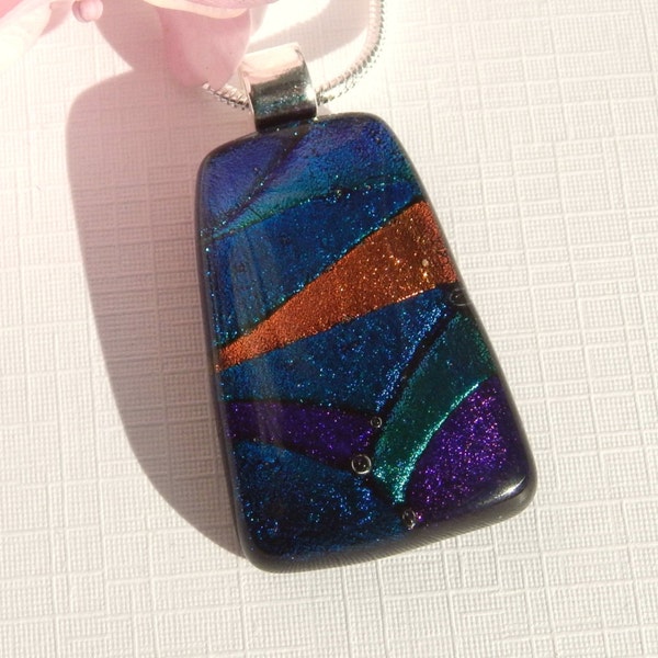 Dichroic Glass Necklace - Fused Glass Jewelry - Purple Teal Green and Copper Glass Pendant