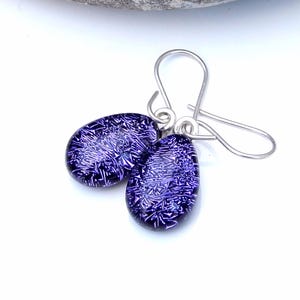 Purple Dichroic Glass Earrings: Sterling Silver Violet Dangle Jewellery