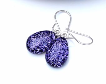 Purple Dichroic Glass Teardrop Earrings, Fused Glass Jewellery, Violet Dangle Earrings on 925 Sterling Silver Wires, Mauve Drop Earrings