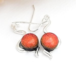 Copper Dichroic Fused Glass Squiggle Design Drop Earrings, Art Glass Dangle Earrings on 925 Sterling Silver Earwires