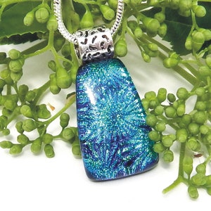 Emerald Green and Cobalt Blue Dichroic Glass Pendant, Fused Glass Jewellery, Springtime Art Glass Necklace