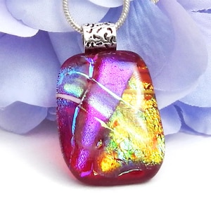 Stunning Dichroic Glass Pendant, Multicolour Fused Glass Necklace, Vibrant Red Green Purple Orange Textured Art Glass Statement Jewellery