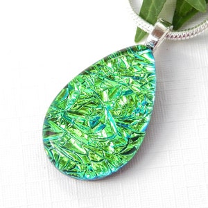 Emerald Green Sparkle Dichroic Glass Droplet Pendant, Fused Glass Jewelry Vibrant Green Art Glass Tear Drop Necklace St Patricks Day Jewelry