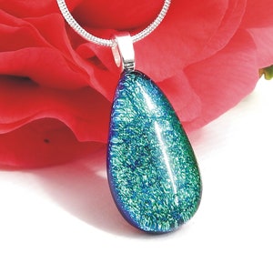 Teal Green Dichroic Glass Pendant - Fused Glass Jewelry - Green Glass Necklace