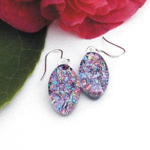 Elegant Multicoloured Dichroic Glass Oval Dangle Earrings on 925 Sterling Silver Earwires, Fused Glass Drop Earrings
