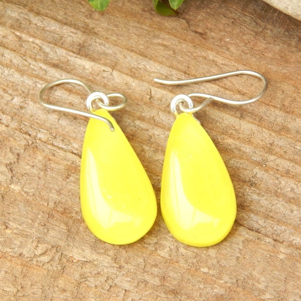 Gorgeous Bright Yellow Fused Glass Drop Earrings on 925 Sterling Silver Wires, Large Lemon Drop Dangle Earrings, Yellow Glass Earrings