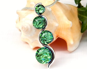 Emerald Green Dichroic Glass Snake Pendant - Fused Glass Jewellery