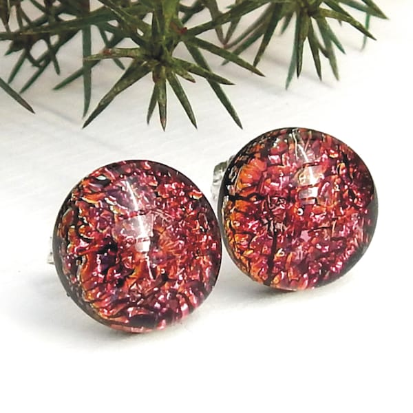 Dichroic Candy Apple Red Earrings - Stud Earrings - Fused Glass Jewellery - Sterling Silver Toffee Apple Coloured Post Earrings