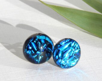 Blue Glass Stud Earrings - Dichroic Glass Post Earrings - Fused Glass Earrings on 925 Sterling Silver - Dichroic Fused Glass Jewelry