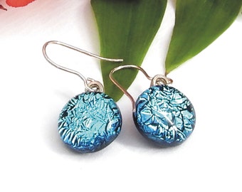 Vivid Sky Blue Dichroic Glass Drop Earrings, Blue Dangle Earrings on 925 Sterling Silver Earwires, Fused Glass Jewellery